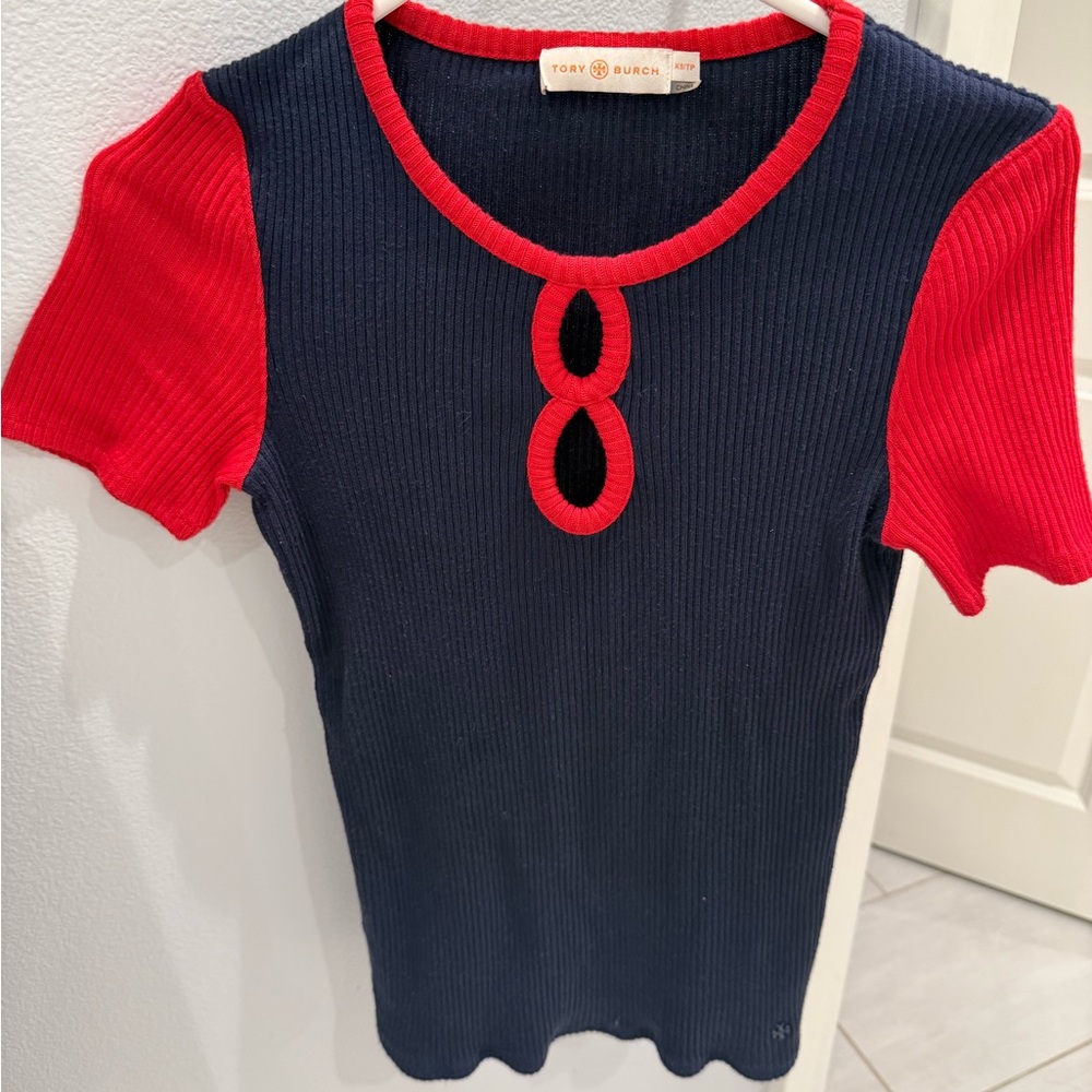 Tory Burch Red and Navy Knit Top